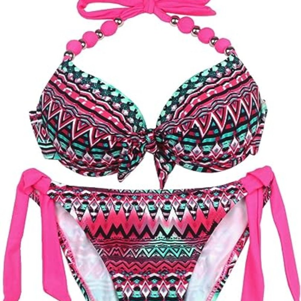 EONAR Womens Removable Padded Push Up Bikini Set Tie Side Swimsuit, Large